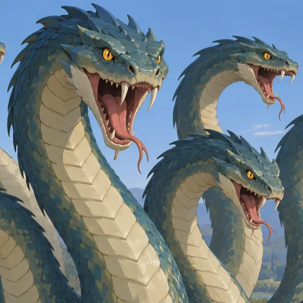 The Hydra’s central blue-green head bares its teeth between neighboring serpent heads.