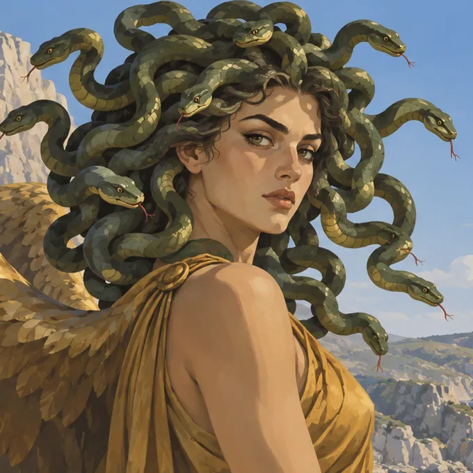 Medusa’s face framed by green snakes, with her shoulder and part of a golden wing.
