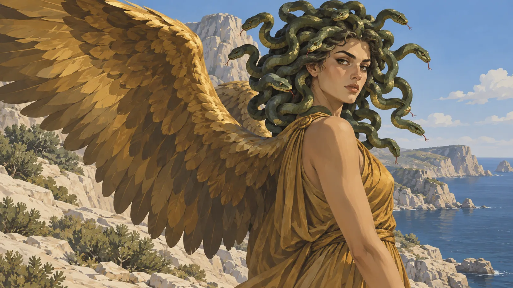 Winged Medusa turns on a rocky coast above the sea, green snakes coiling around her head.