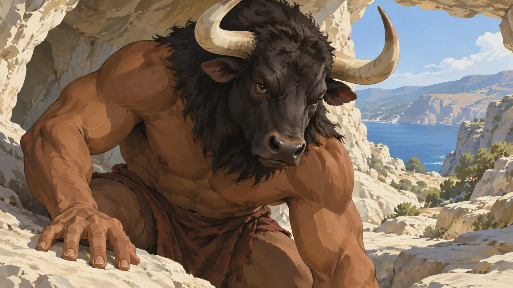 The bull-headed Minotaur crouches with a human hand on limestone beside a sunlit coastal opening.
