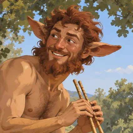 Close view of a smiling satyr with long animal ears, russet curls and beard, holding reed pipes.