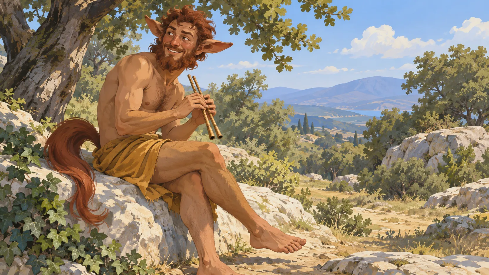 A human-legged satyr with a horse tail sits on a rock holding pipes in a sunlit Greek woodland landscape.