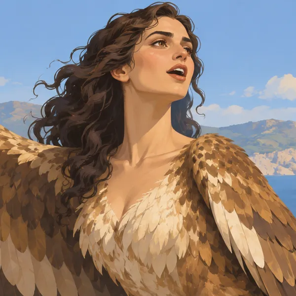 A Siren sings with her face raised above a tawny feathered chest and wings.