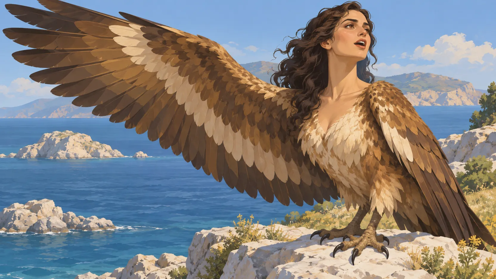 A bird-bodied Siren perches on a coastal rock, spreading a broad wing above the blue sea.