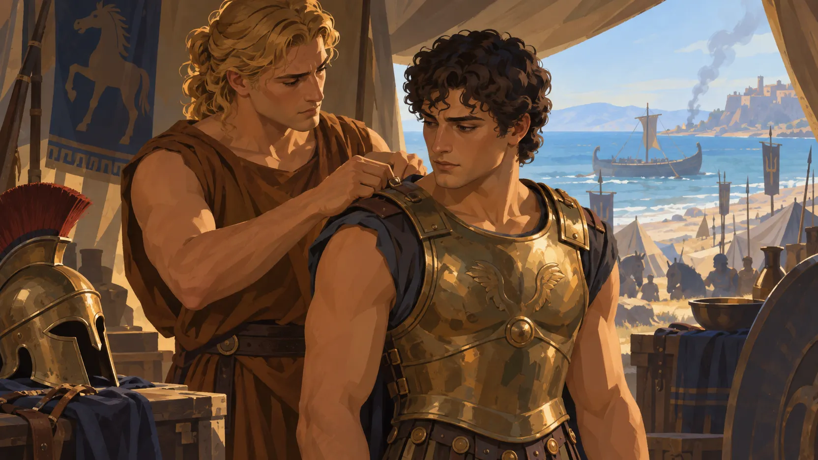 Achilles fastens a shoulder strap on the bronze armor worn by Patroclus in the Greek camp.