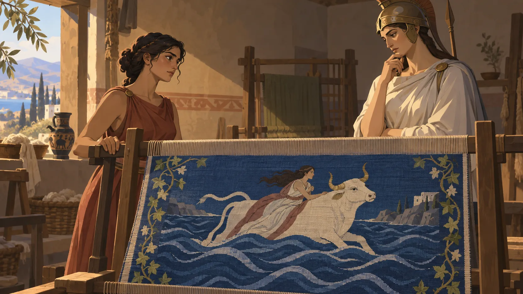 Arachne and helmeted Athena stand beside a blue tapestry depicting Europa on a white bull in a sunlit weaving workshop.