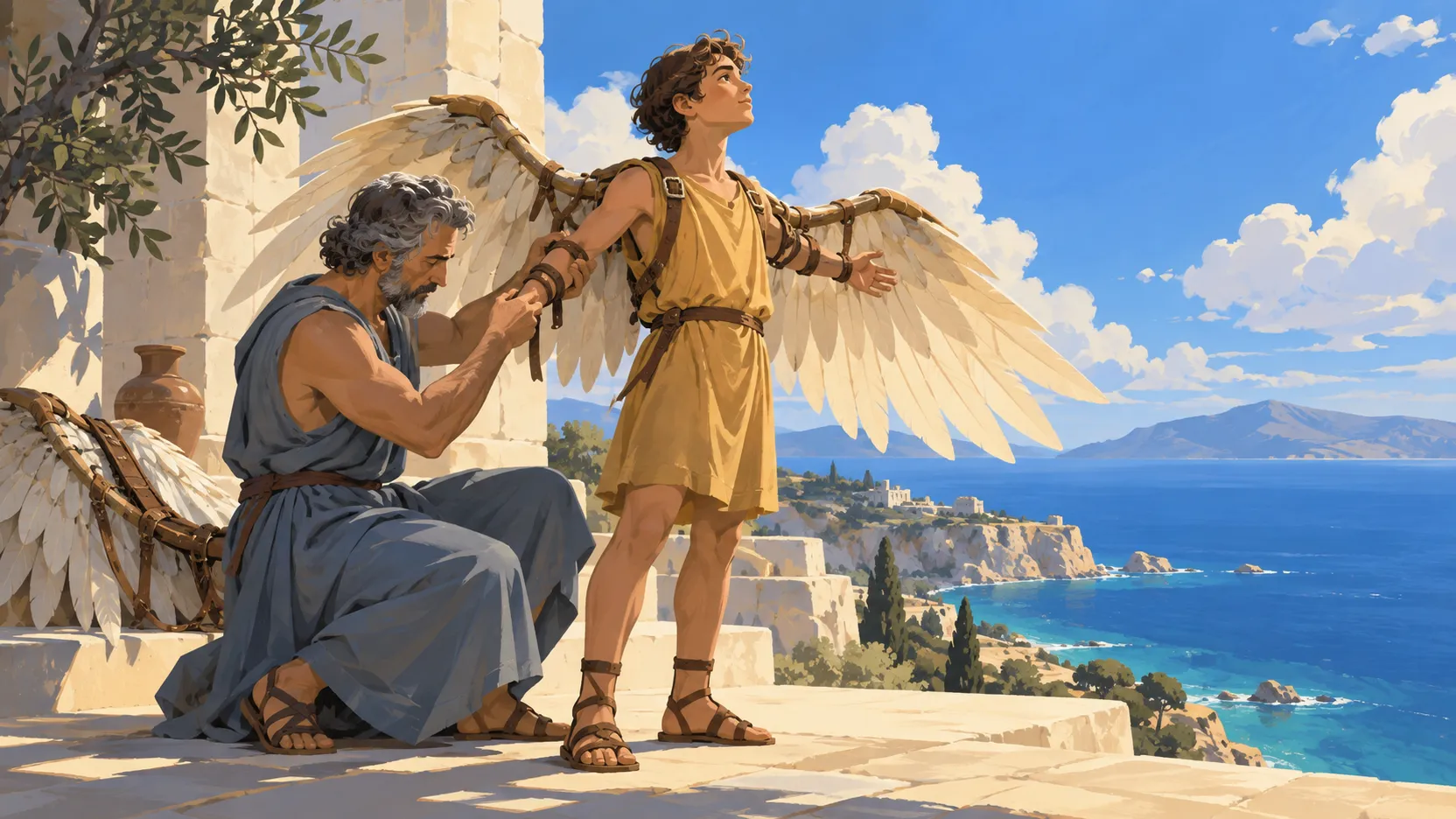 Daedalus checks the bindings of Icarus’s feather wings on a stone terrace overlooking the blue sea.