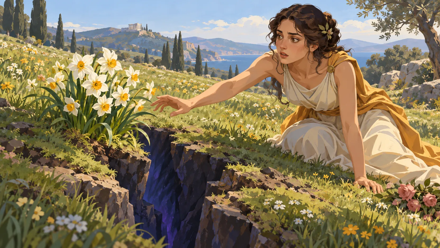 Persephone reaches towards white narcissus flowers as a dark cleft opens in the sunlit meadow.
