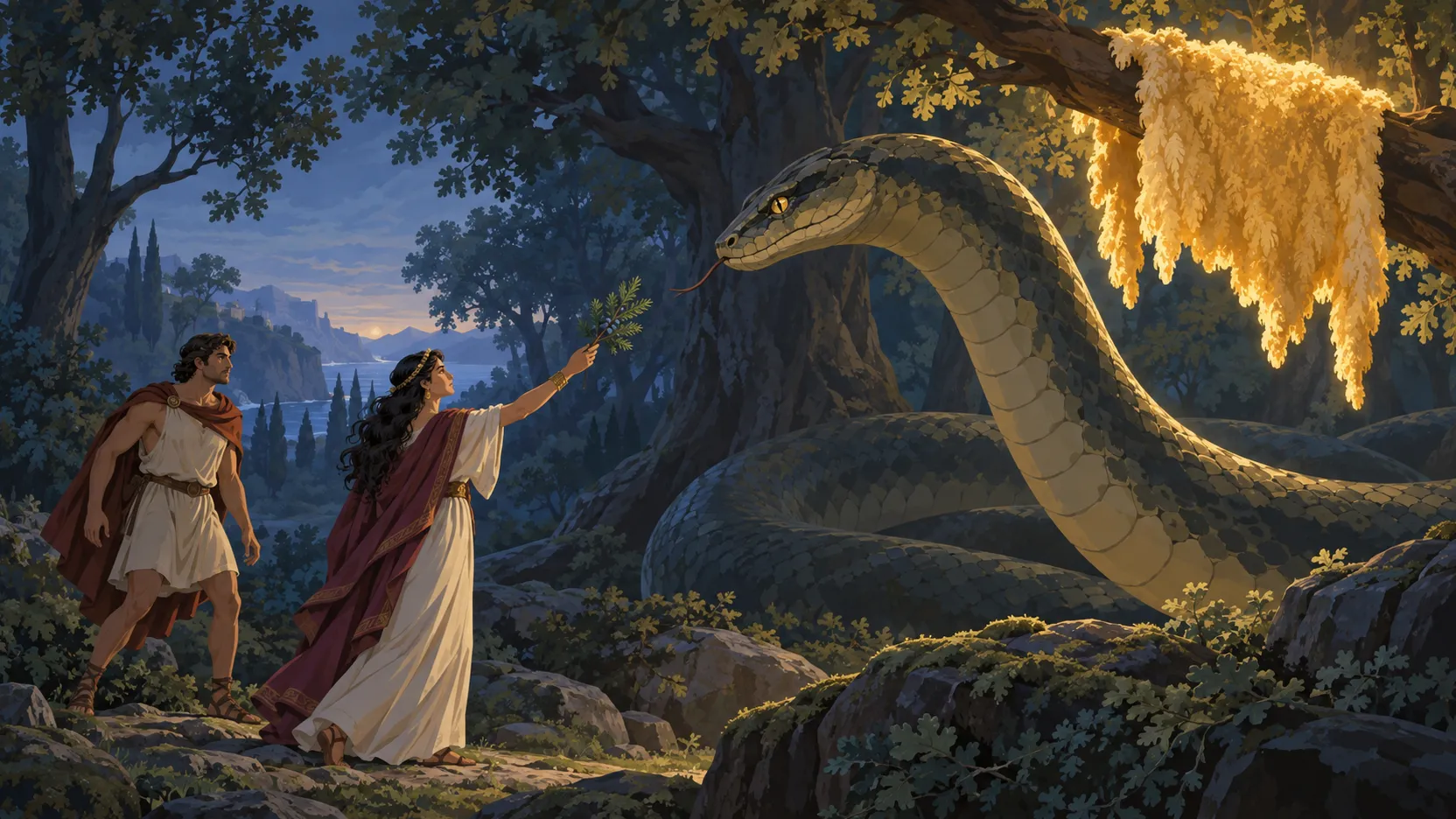 Medea raises a juniper sprig toward a giant serpent while Jason follows beneath the Golden Fleece in an oak tree.