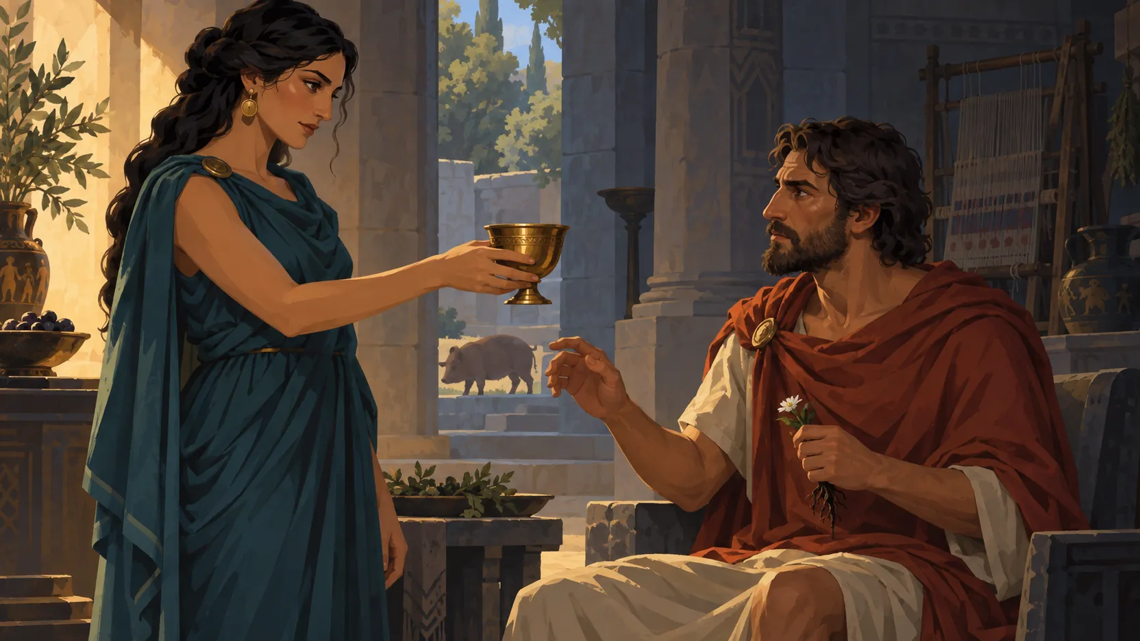 Circe offers Odysseus a golden cup as he holds a white flower with dark roots; a pig stands in the court behind them.