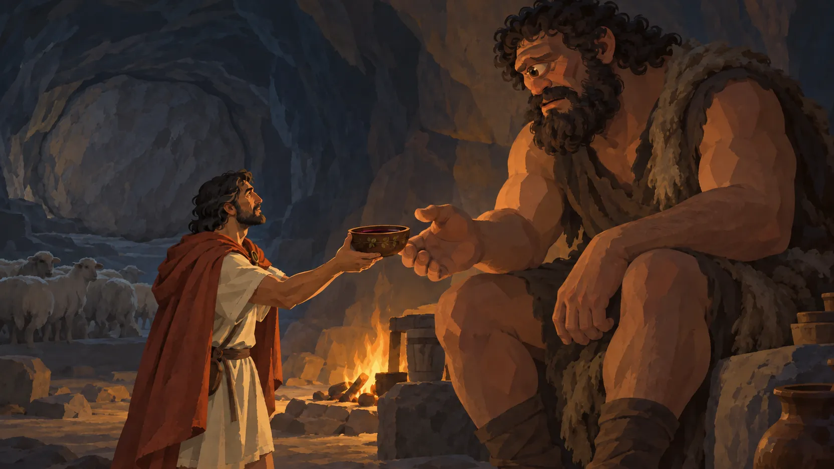 Odysseus offers a bowl of wine to the one-eyed Polyphemus beside a fire in a cave sealed by a great stone.