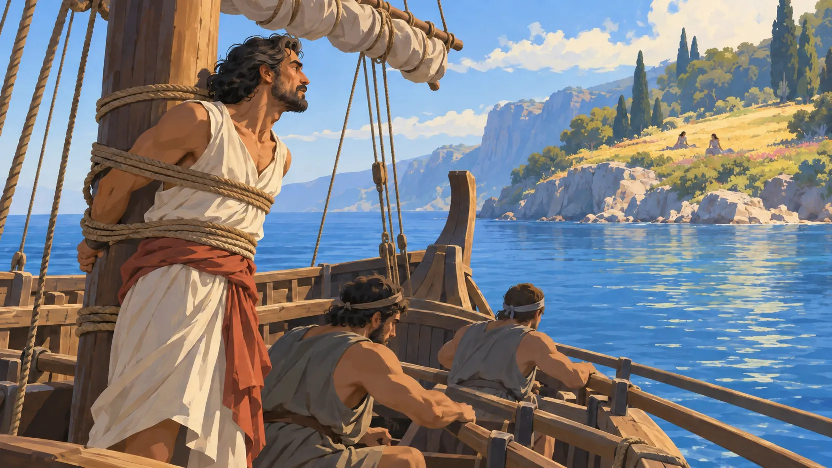 Odysseus is bound to a ship’s mast while two men row past two distant Sirens seated in a meadow.