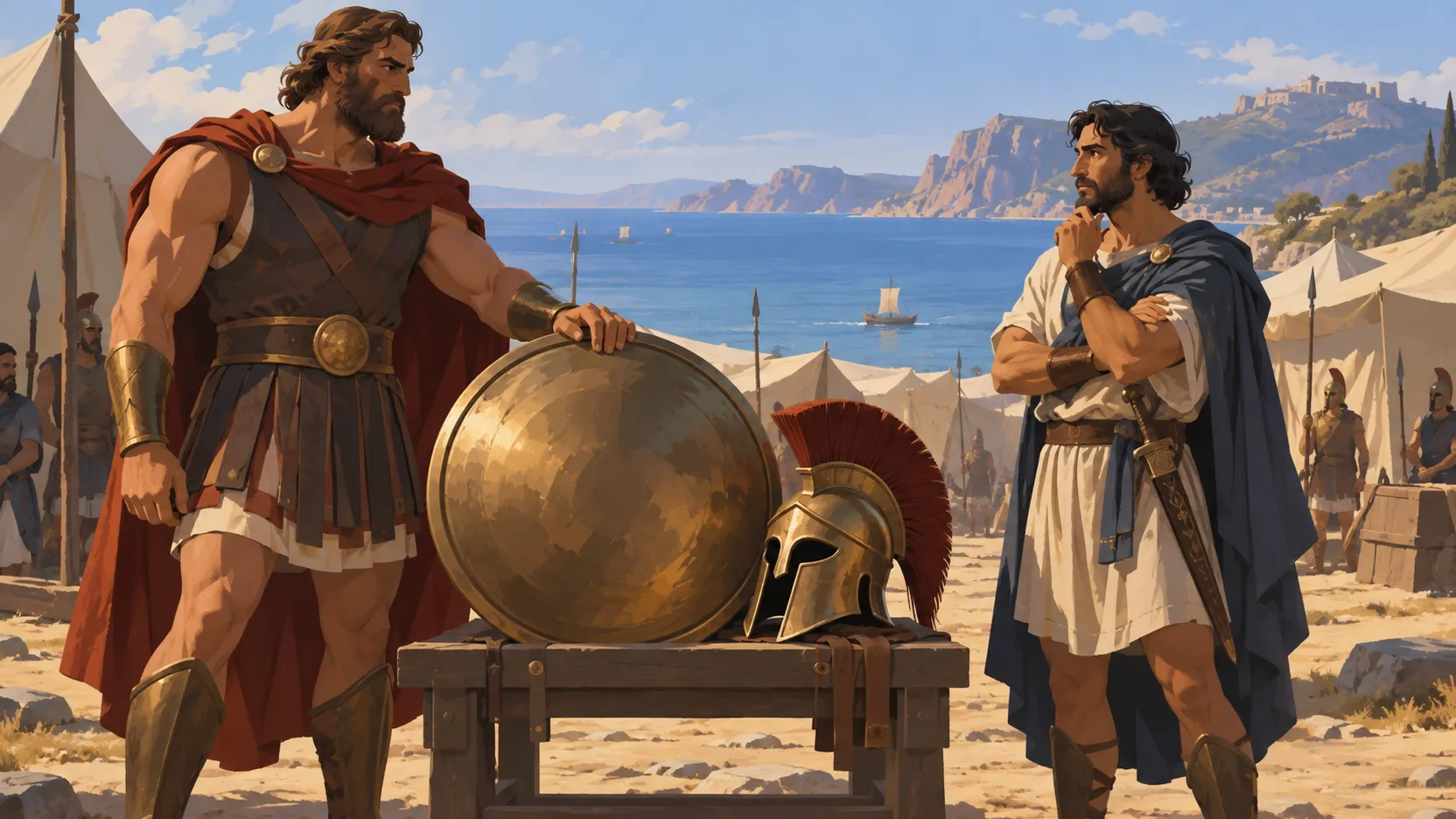 Ajax and Odysseus face each other across Achilles’s shield and helmet in the Greek camp.