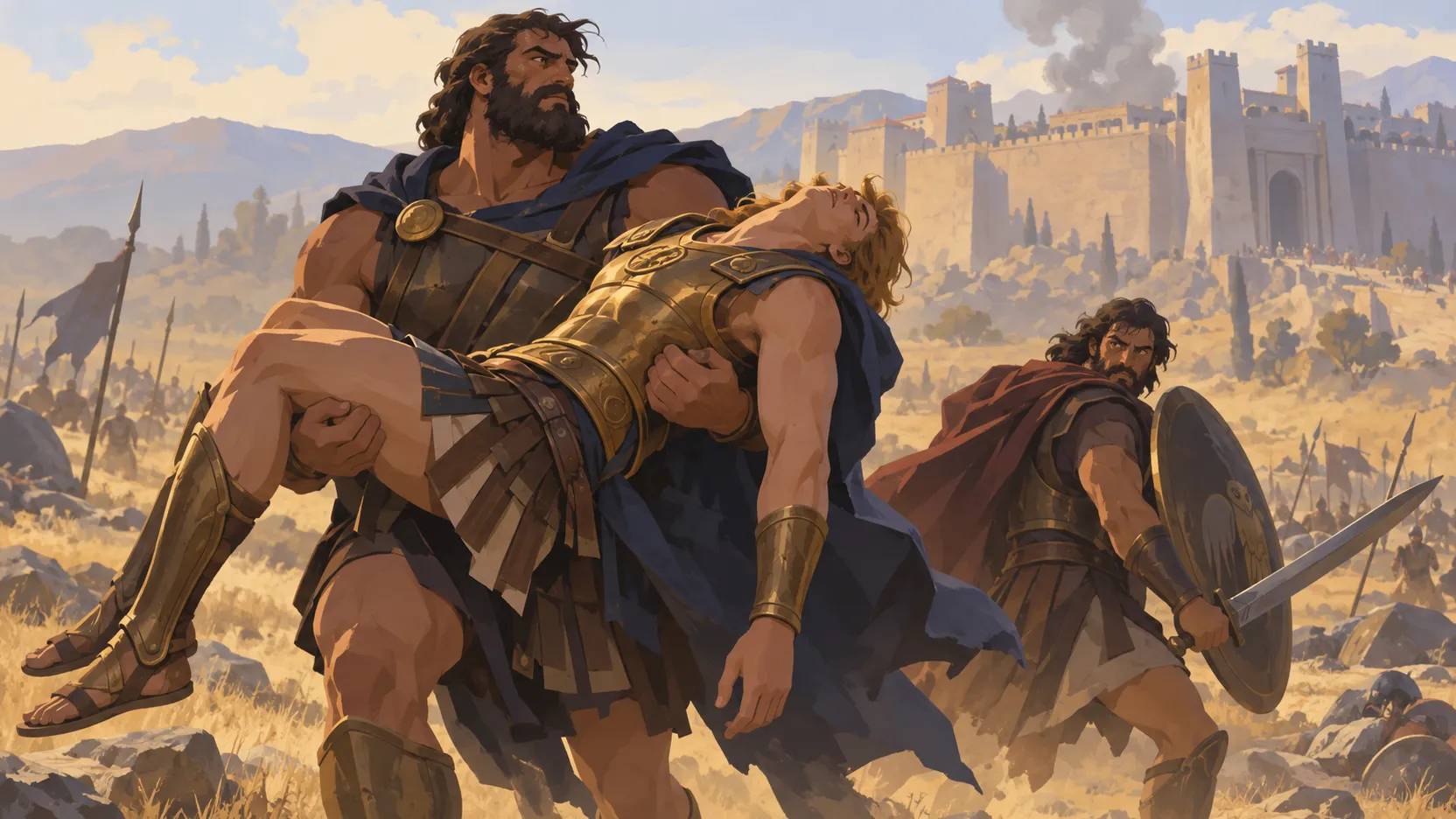 Ajax carries the fallen Achilles away from Troy while Odysseus guards their retreat.