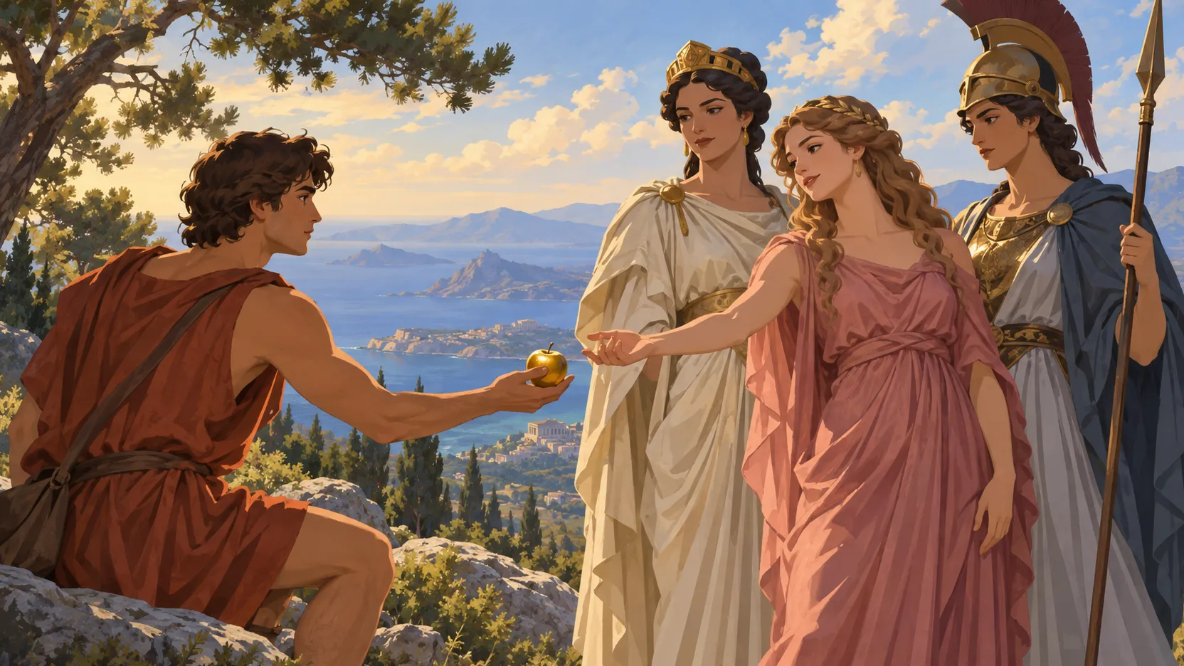 Paris offers a golden apple to Aphrodite while Hera and Athena watch on a wooded hillside.