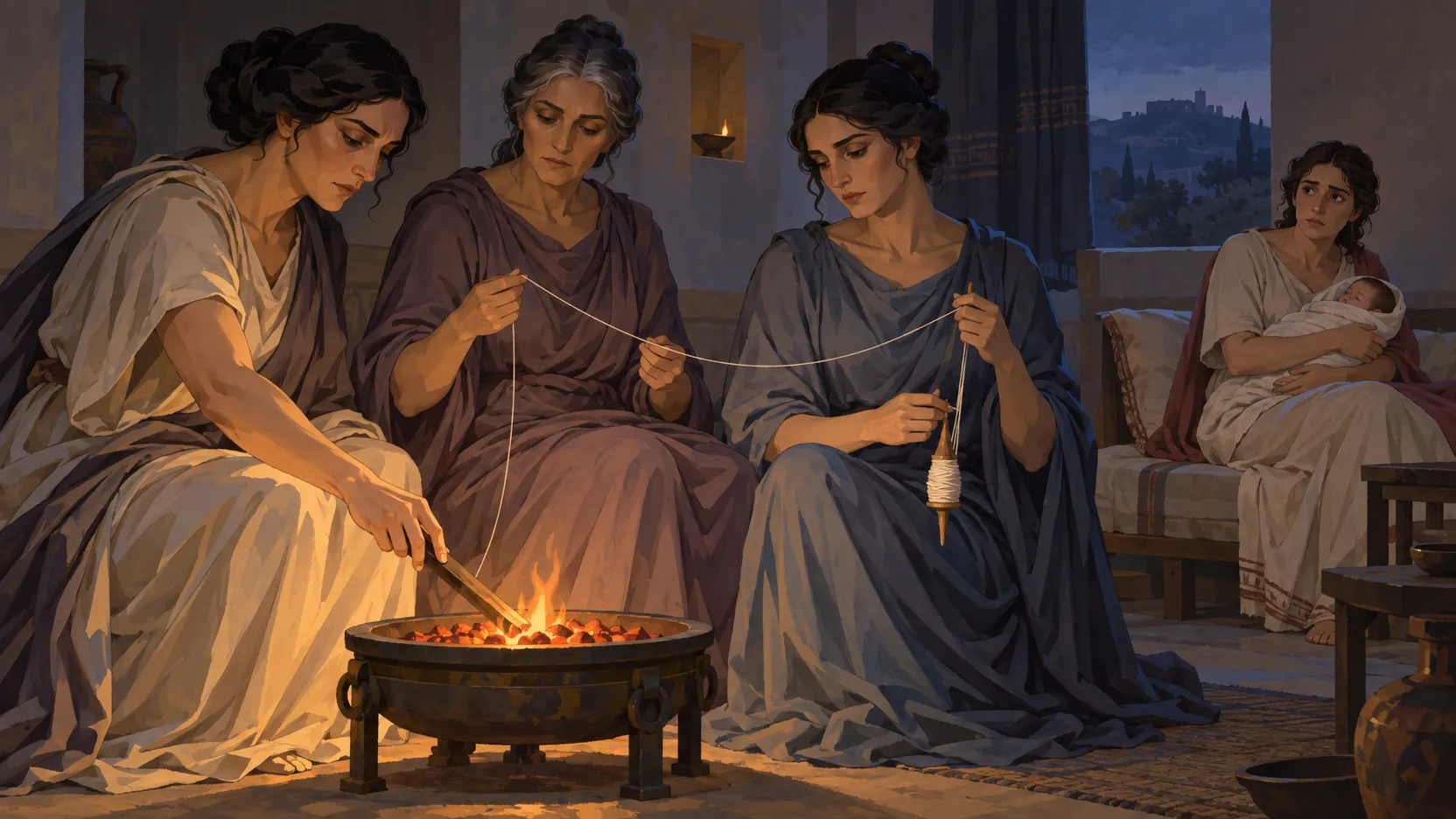 Three Fates spin thread and lower a wooden brand into a brazier while Althaea watches with her newborn son.