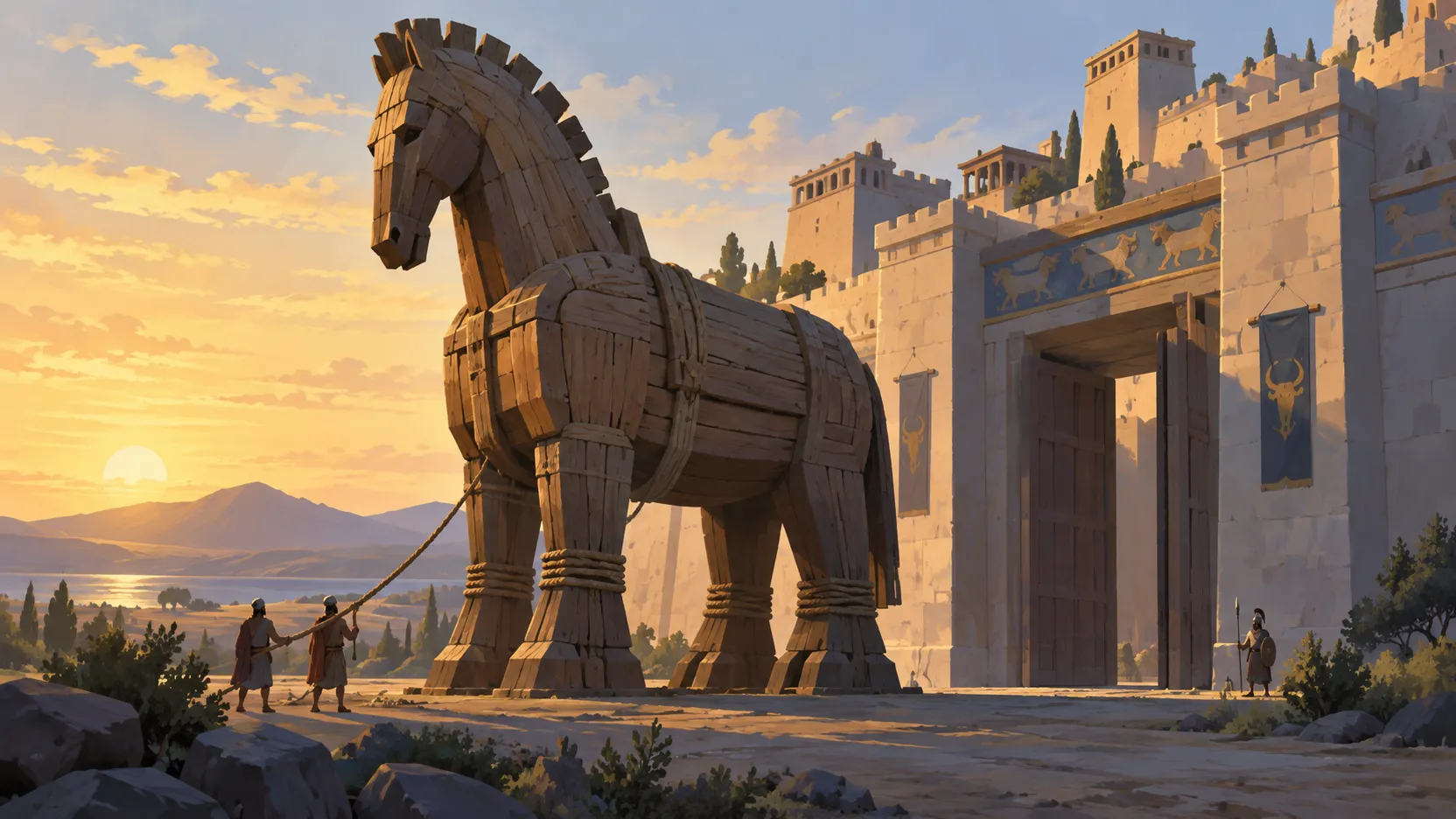 A huge wooden horse stands beside Troy’s open stone gateway as small figures hold a hauling rope.