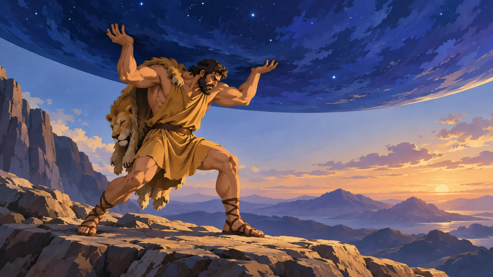 Heracles braces beneath a vast starry sky, wearing a lion skin on a rocky mountain ledge.