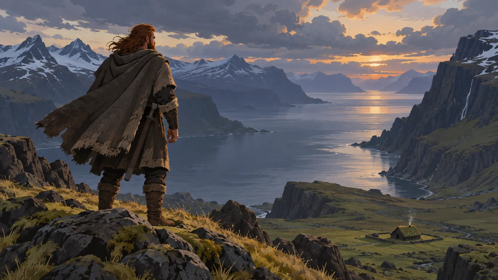 Grettir looks across a lonely Icelandic fjord above a small turf shelter.