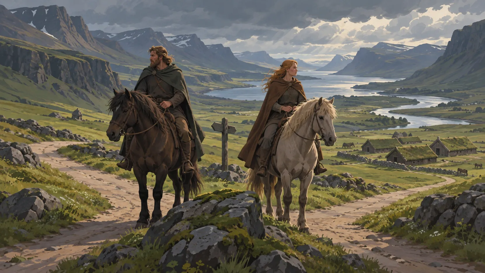 Two riders face different directions at a fork in an Icelandic valley.