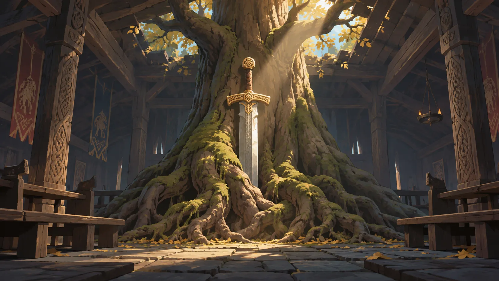 A sword embedded in a living tree catches the light inside a Norse hall.