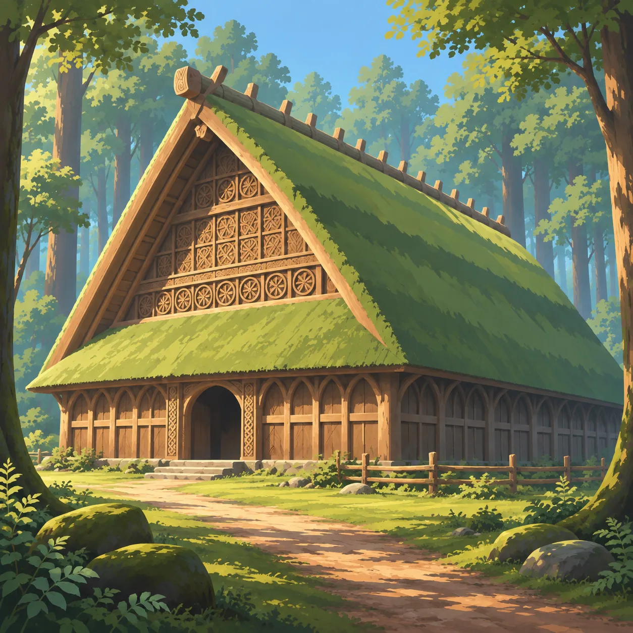 A timber Norse longhouse with a carved gable and green turf roof in a sunlit forest clearing