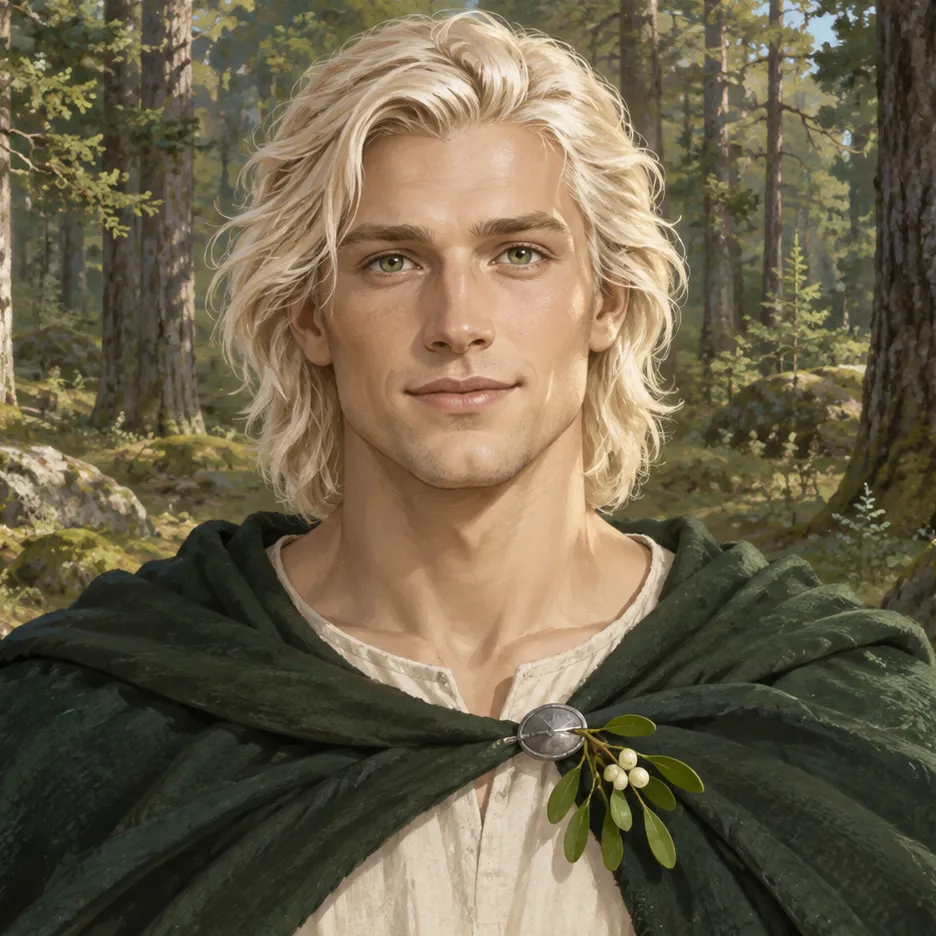 Baldr with pale blond hair and green eyes, wearing a dark green cloak with a mistletoe sprig at its clasp.