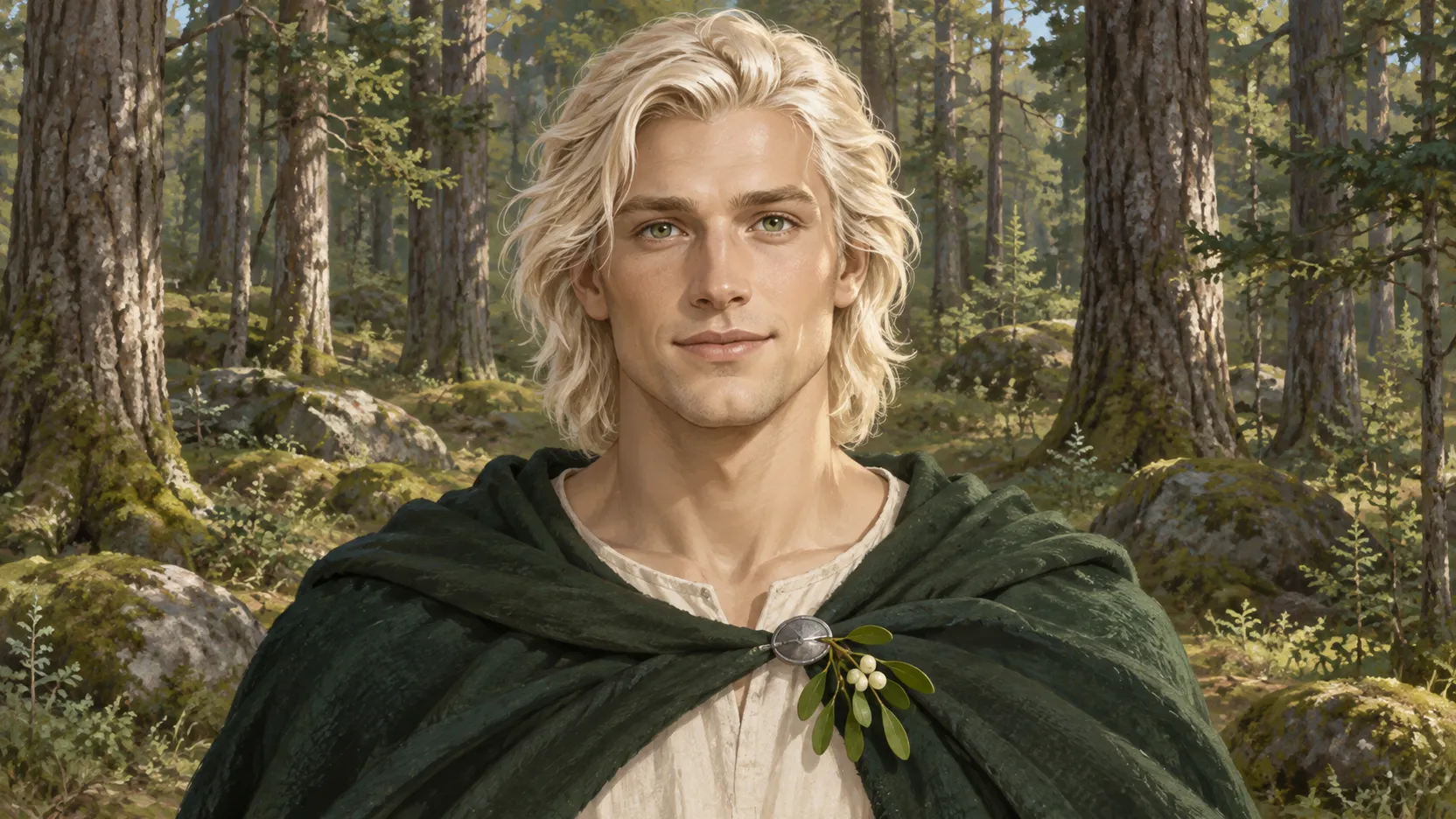 Baldr faces forward in an ivory tunic and green cloak, with a mistletoe sprig at his chest, before an old forest in daylight.