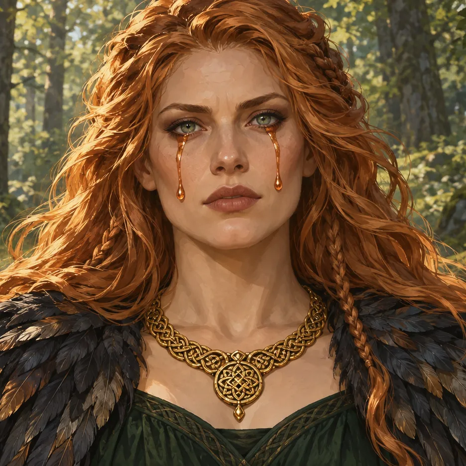 Freyja with copper-colored hair, golden tears, a gold necklace and a dark feather cloak.