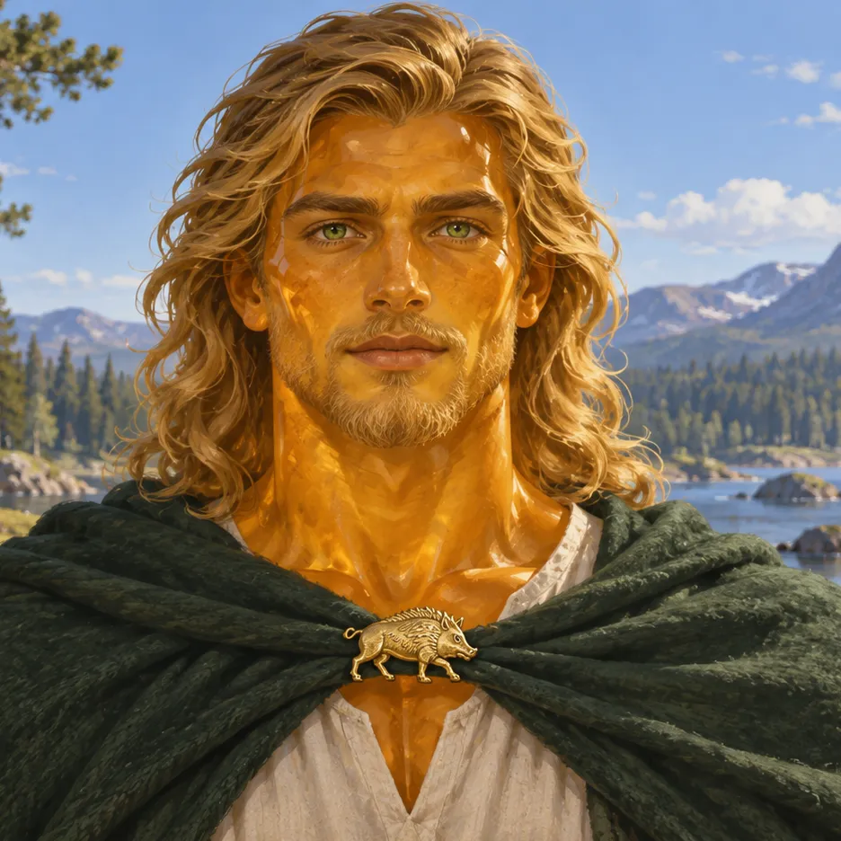 Freyr with an amber-colored face, blond hair and a green cloak fastened by a golden boar clasp.