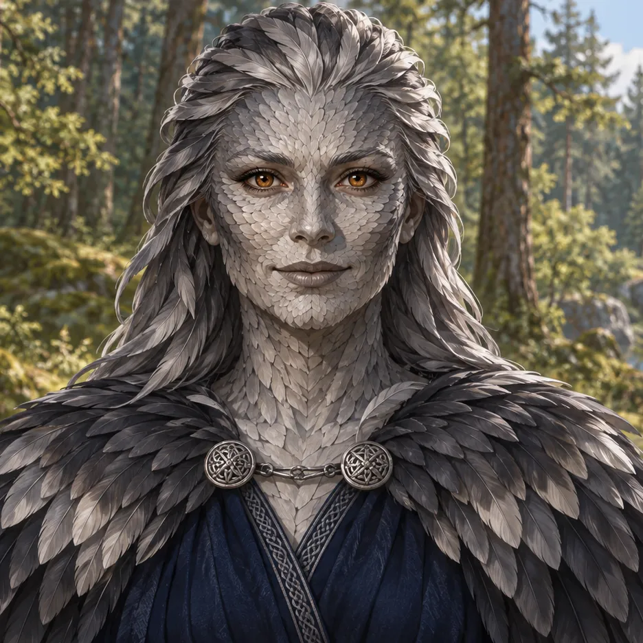 Frigg with a face and hair formed from silver-gray feathers, amber eyes and a dark feather mantle over a blue gown.