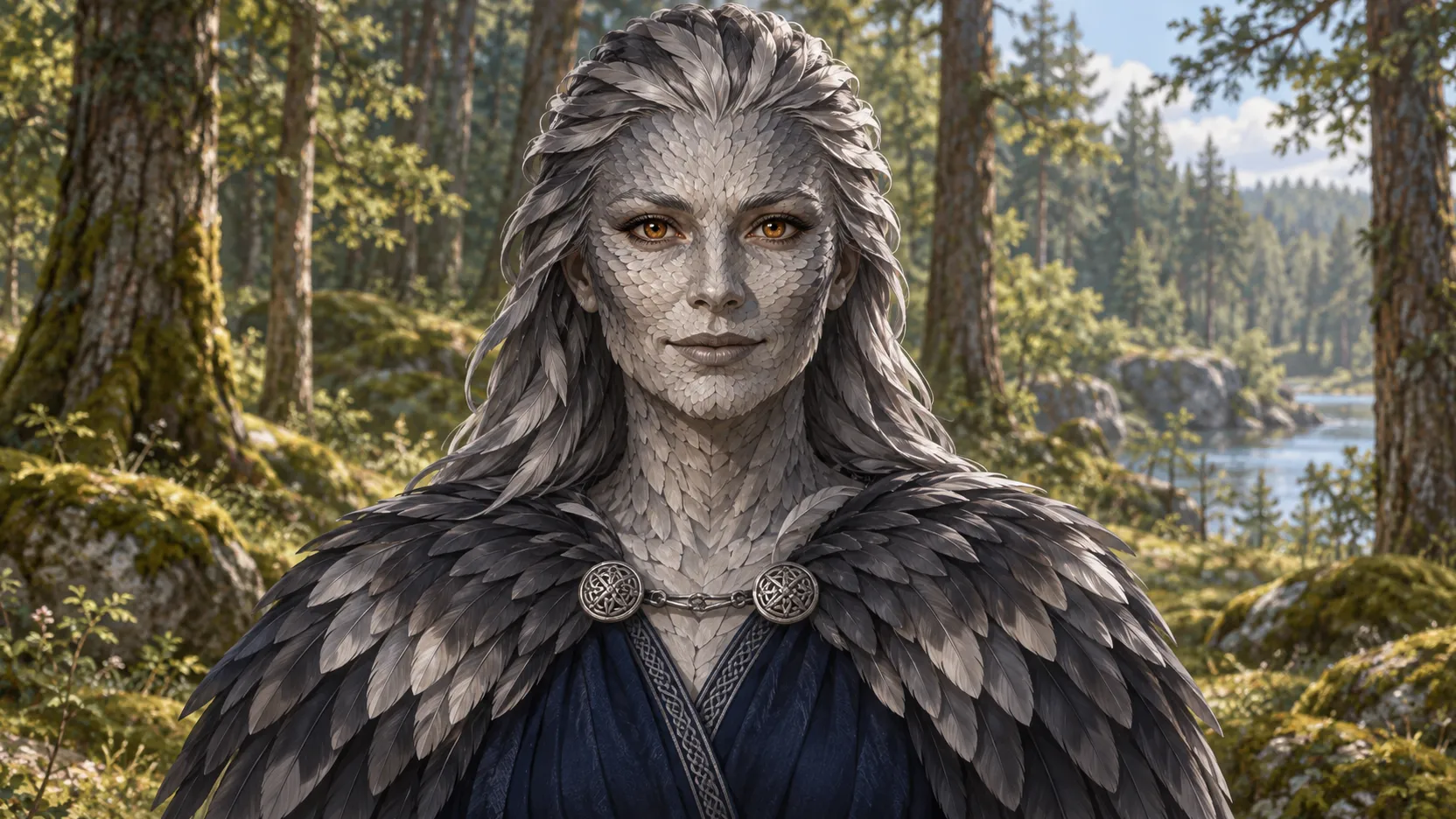 Wide portrait of feather-formed Frigg in a dark blue gown, framed by an ancient forest in daylight.