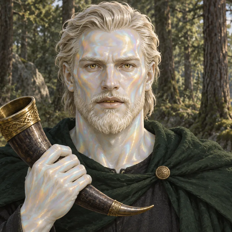 Heimdall with pale iridescent features, blond hair and beard, holding a gold-trimmed horn over a dark green cloak.