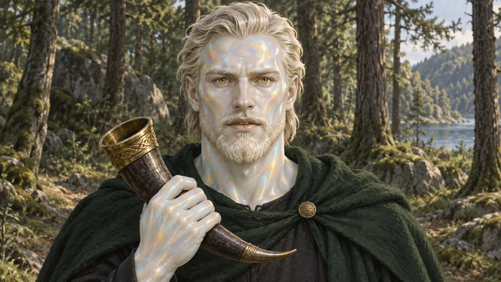 Heimdall holds a gold-trimmed horn before a sunlit forest, with pale iridescent features, blond hair and a dark green cloak.