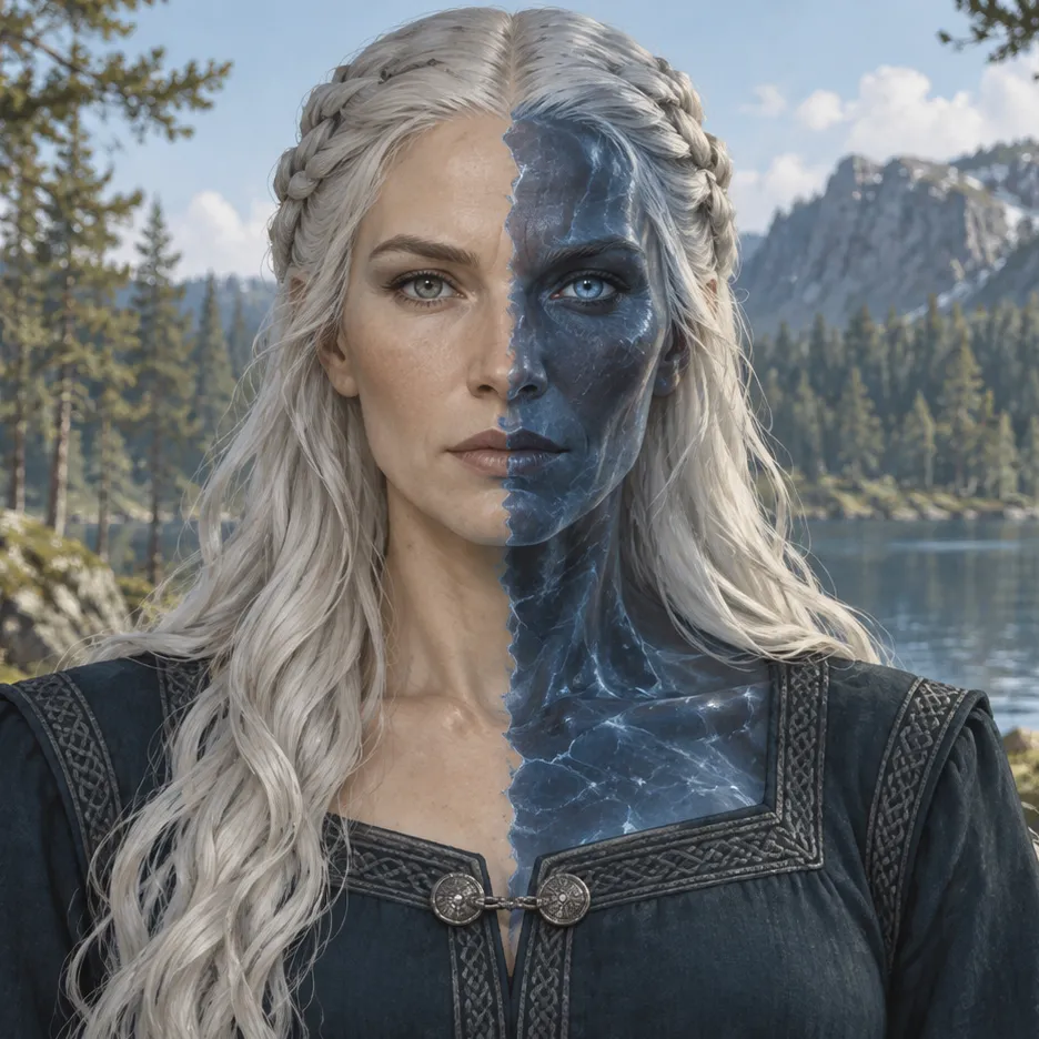 Hel with silver-white hair and a face divided between pale skin and dark blue ice, wearing a dark blue dress.
