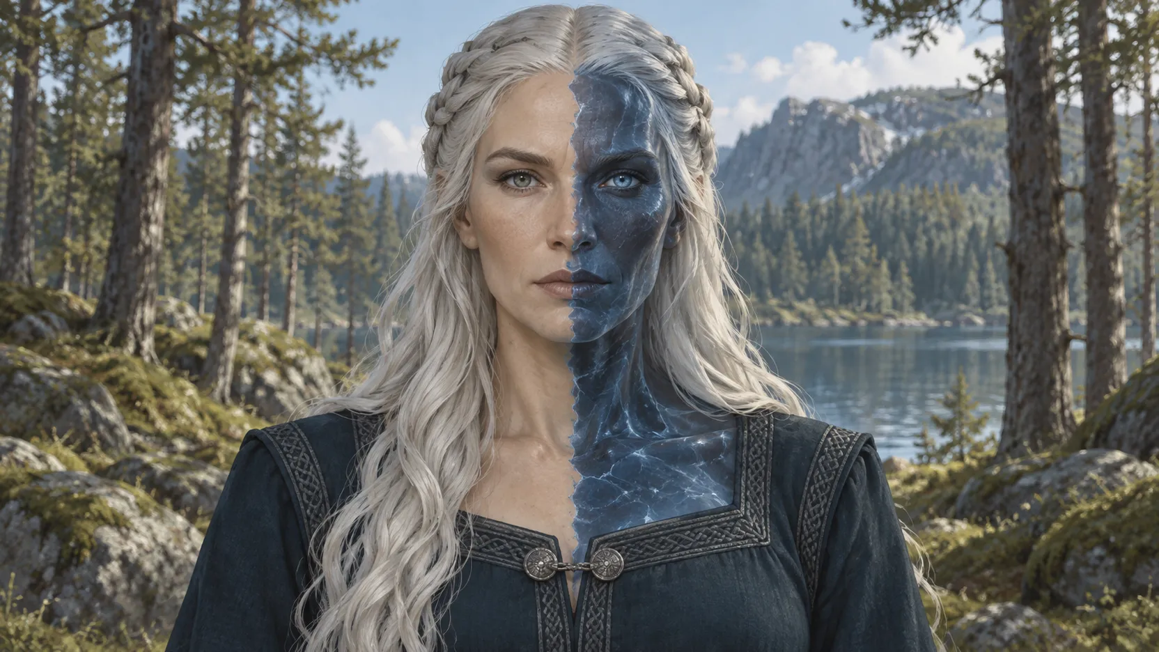 Hel with a half-pale, half-blue face and silver-white hair before a sunlit forest and lake.