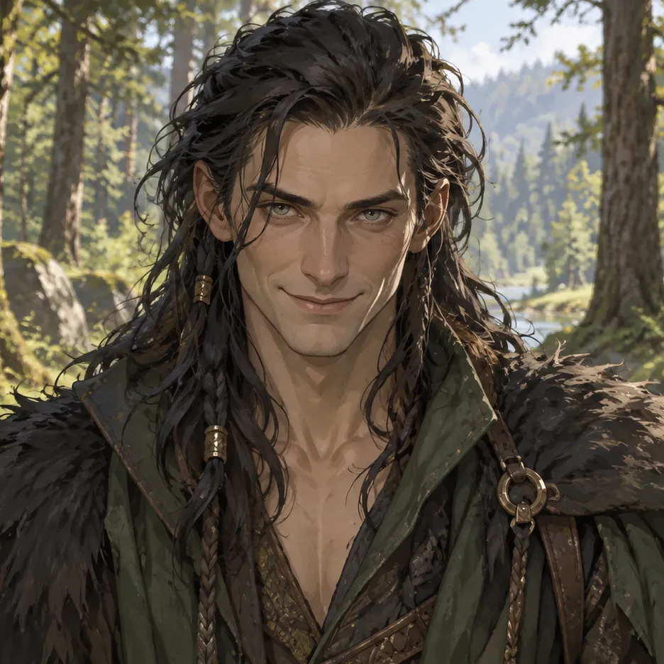 Loki with dark hair and a slight smile, wearing a green tunic and dark fur cloak in a sunlit forest.