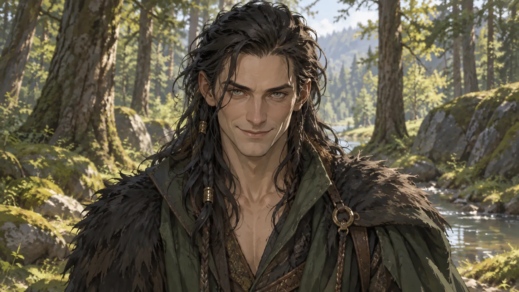 Loki faces the viewer in a sunlit forest, framed by trees, mossy rocks and a stream.