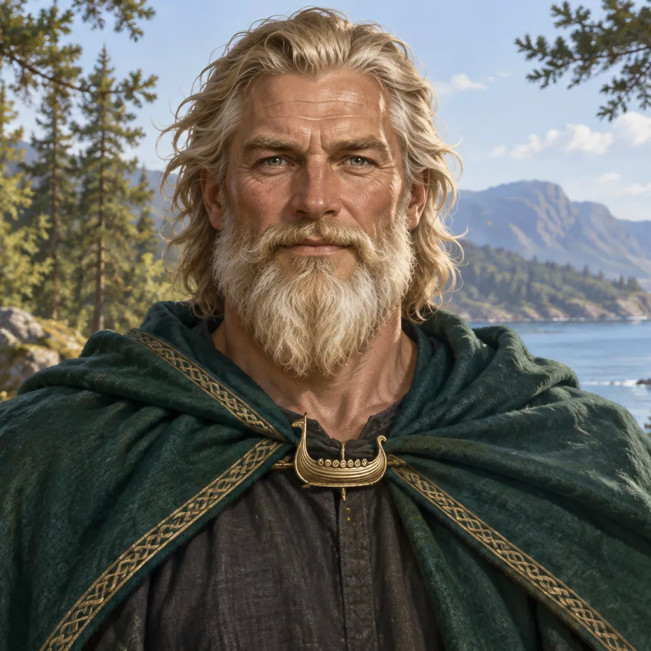 Njord with silver-blond hair and beard, wearing a green cloak fastened with a golden boat brooch.