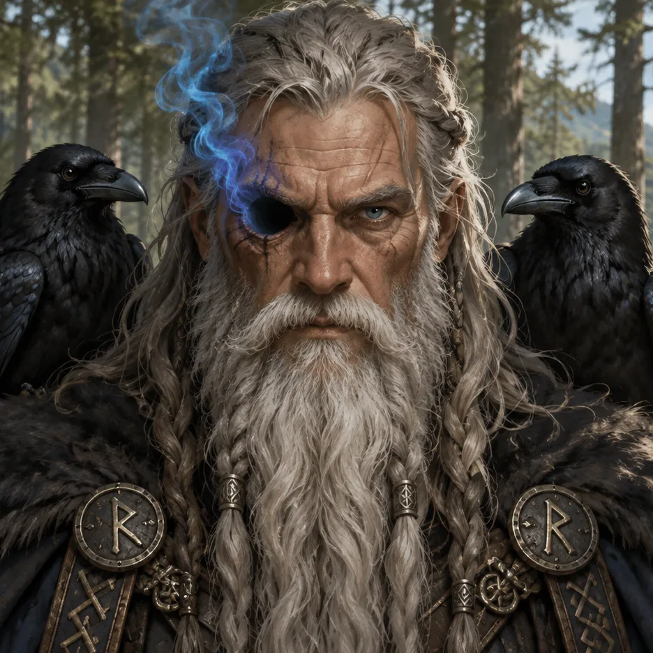 Odin with one eye, blue smoke rising from the empty socket, and two black ravens beside his white-haired head.