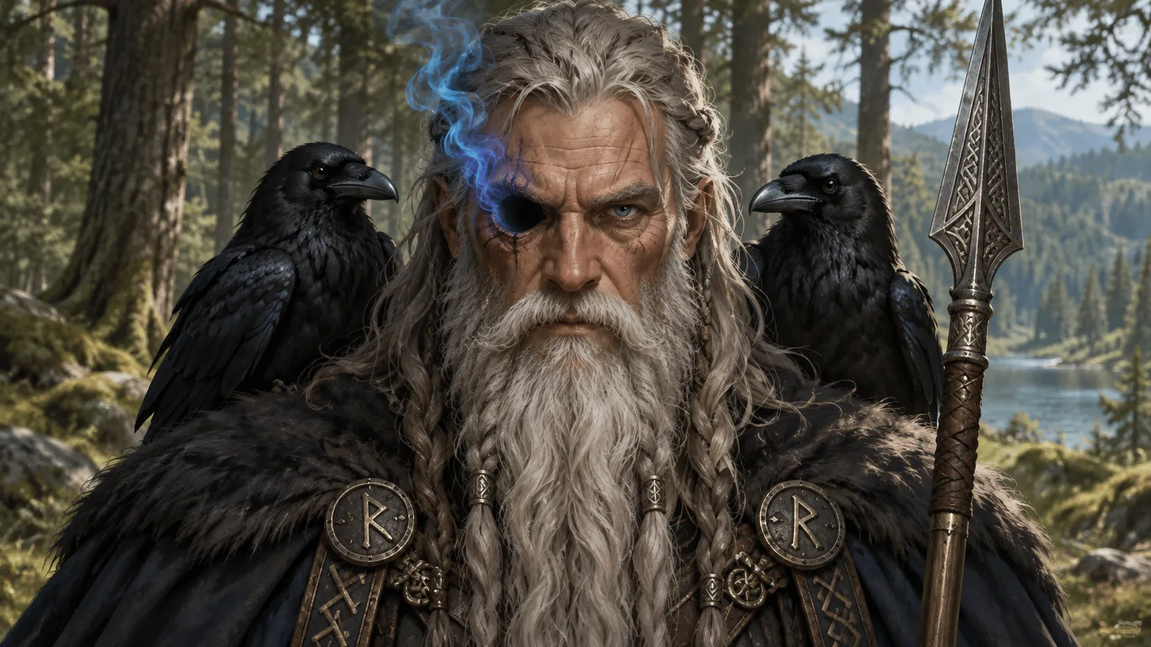 Odin with two ravens and a spear in a daylight forest, blue smoke rising from his empty eye socket.