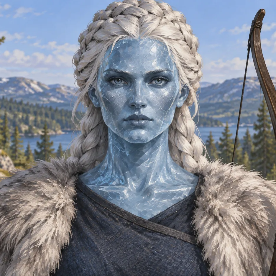 Skadi with an ice-blue face, white braids and a pale fur mantle beside a wooden bow.