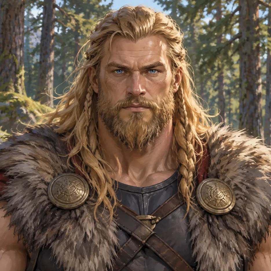 Thor with long blond hair, a beard, dark armor and a fur mantle in a sunlit forest.