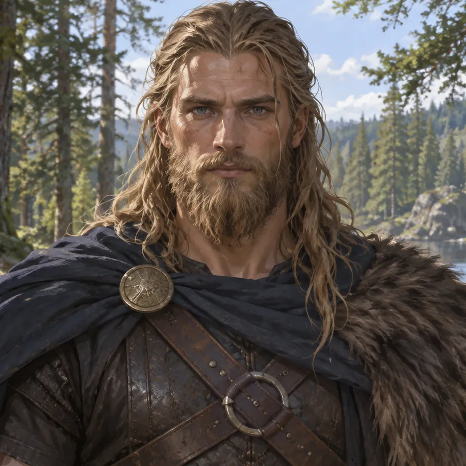 Tyr with long blond hair and a beard, wearing a dark cloak and leather armor in a sunlit forest.