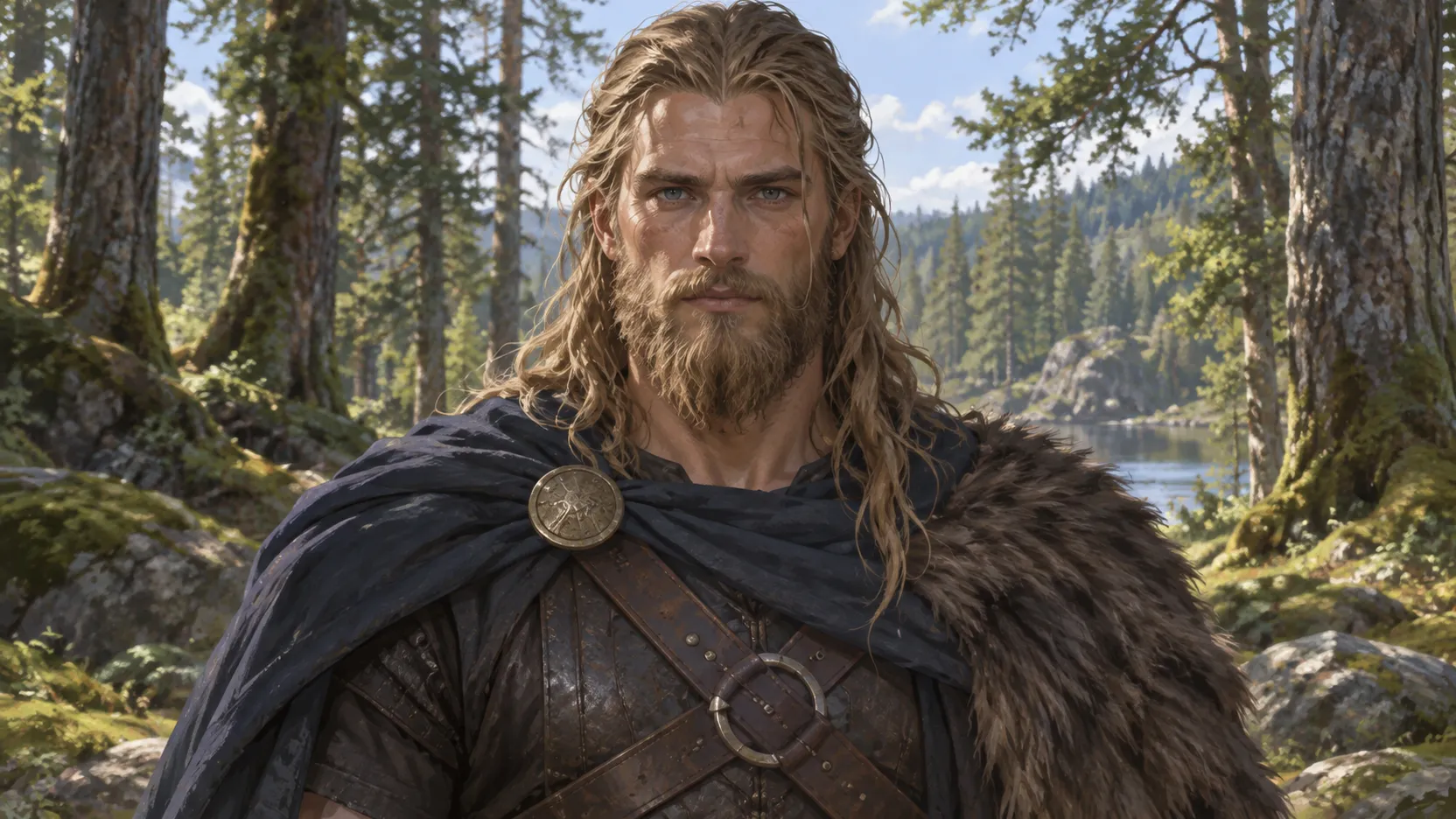 A frontal portrait of Tyr in a dark cloak and leather armor, surrounded by trees, rocks, and water in daylight.