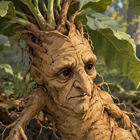 Close view of the Alraune’s human-like root face, broad green leaves and upper root body.