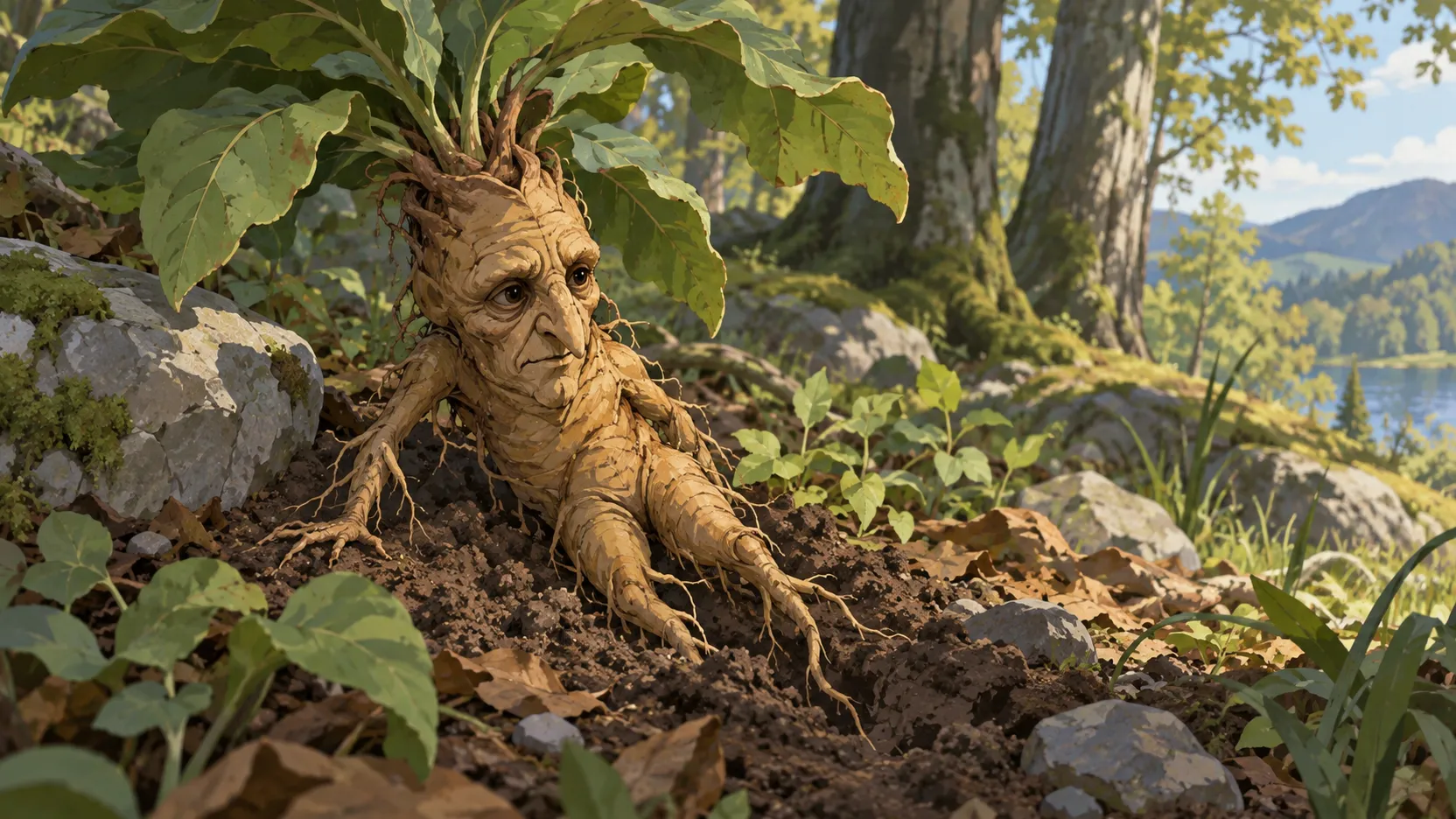 A small human-shaped Alraune root with green leaves and forked legs rests on woodland soil beside rocks in daylight.