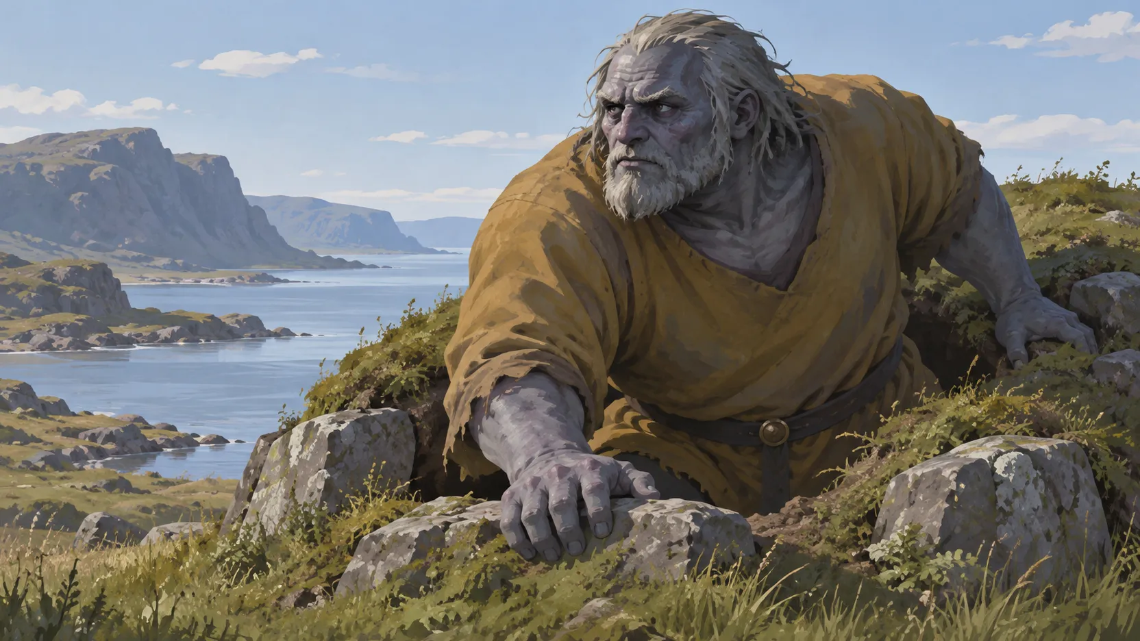 A massive draugr braces his hands on stones as he rises from a grassy burial mound above a fjord.