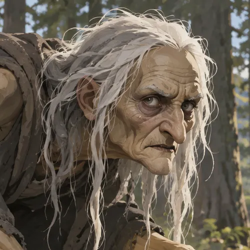 The aged Drude’s sunken face and sharp gaze framed by disordered white hair.