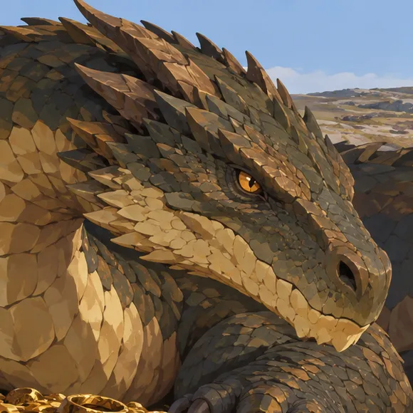 Fáfnir’s angular bronze and olive dragon head, amber eye and adjoining scaled neck.